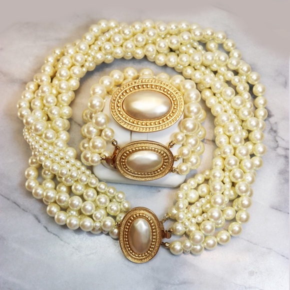 Vintage Carolee Pearl Cabochon 8-Strand Necklace - Picture 4 of 16